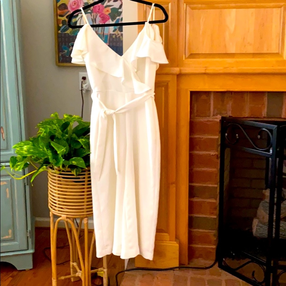 Small jumpsuit cream off shoulder ruffle tie belt
